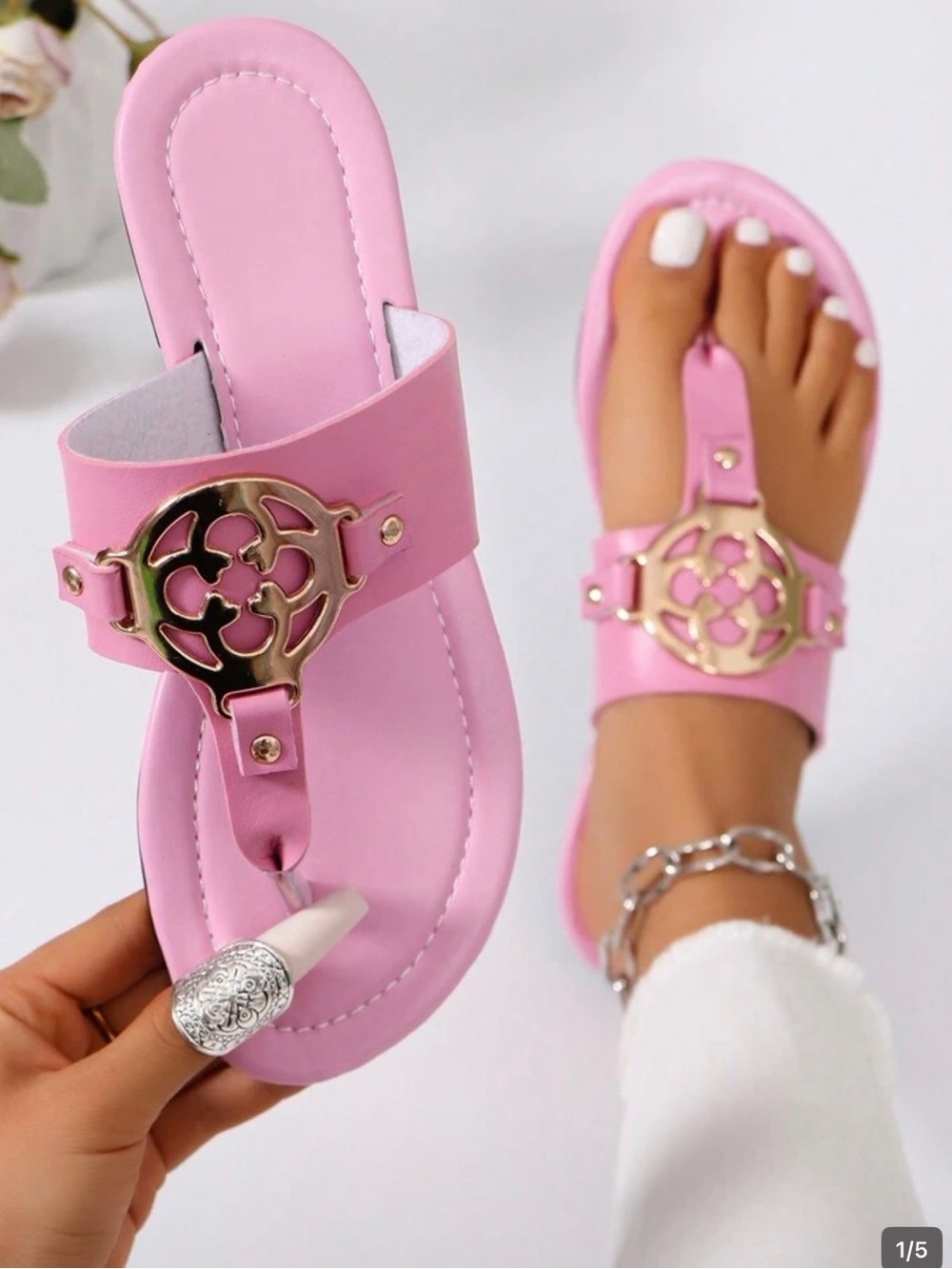 Women’s Pink T-Strap Slide Sandals with Gold Accent
